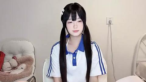 Media: Video of a young East Asian woman with long black pigtails, wearing a white polo shirt with blue stripes and a blue bow tie, sitting indoors.