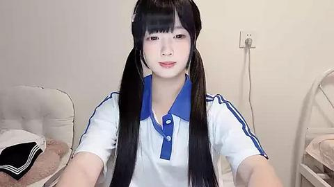 Media: A video of a young Asian woman with long black hair in pigtails, wearing a white polo shirt with blue accents, sitting indoors.