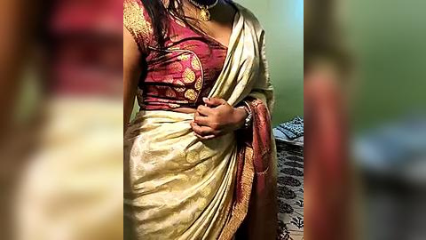 Media: Video of a South Asian woman in a gold and red saree with intricate embroidery, standing against a blurred background. She holds her sari's end, revealing a patterned blouse.