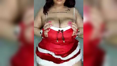 Media: A video of a plus-size woman in a red, Santa-themed lingerie set, with large breasts and dark hair, hands cupping them. The background is blurry.