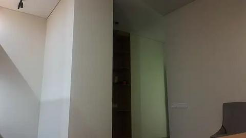 Media: Video of a minimalist room with a beige wall, a large white pillar, and a partially open door revealing a darker interior.