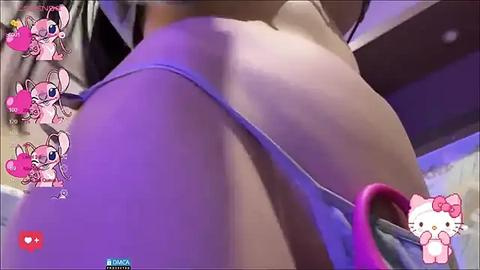 Media: A close-up video of a woman's lower back and buttocks in a purple thong, with a pink Hello Kitty toy on her hip. The background features a dimly lit room with soft, purple lighting.