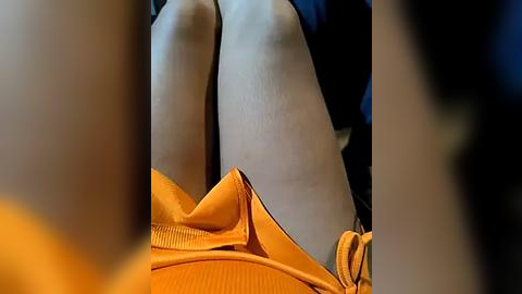 Media: Video of a close-up view of a person's bare legs in light-colored pantyhose and bright orange shorts. Background is blurry, with a focus on the legs' smooth texture and vibrant clothing.