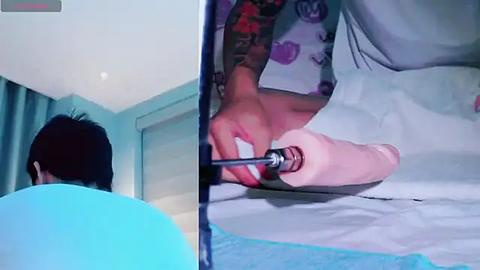 Media: Video of a man with short dark hair, wearing a light blue shirt, using a screwdriver to adjust a mirror. The mirror reflects a woman's face, showing pink lips and a tattooed arm.