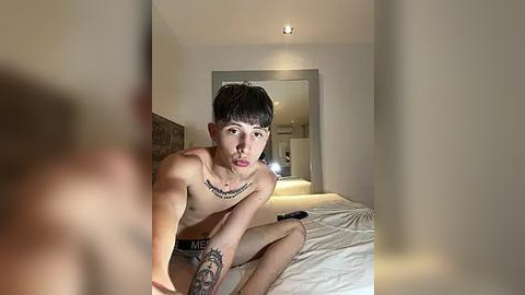 Media: Video of a shirtless, pale-skinned young man with dark hair and multiple tattoos, sitting on a bed in a dimly lit room with a large mirror on the wall.