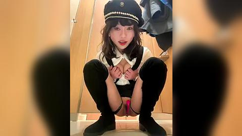 Media: Video of a petite Asian woman in a schoolgirl outfit, squatting provocatively, wearing a black hat, black stockings, and revealing red panties.