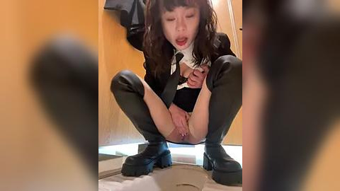 Media: A video of an Asian woman with long black hair, squatting on a bathroom floor, wearing a black suit, holding a dollar bill, and exposing her shaved vulva.