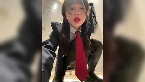 Media: Video of an Asian woman with long brown hair styled in pigtails, dressed in a black leather jacket, red tie, and black pants, crouching provocatively. Background features a white wall and a coat rack.