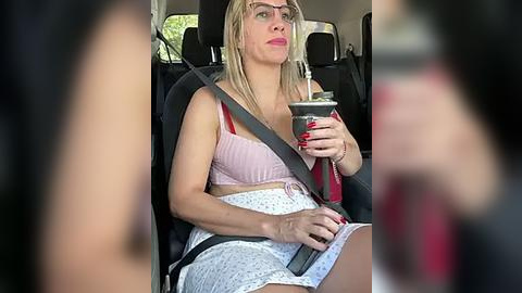 Media: Video of a blonde woman in a pink bra and white polka-dot skirt, seated in a car with a safety belt, holding a drink with a straw.