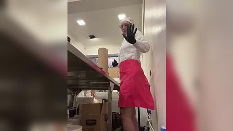 Media: A video of a woman with light skin, wearing a white sweater, pink skirt, and black gloves, taking a selfie in a brightly lit kitchen. The background shows a cluttered counter with boxes and utensils.