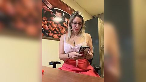 Media: A video of a fair-skinned, blonde woman with glasses, wearing a white tank top and red skirt, seated at a wooden desk, looking at a smartphone. Background includes a framed food poster and a partially visible door.