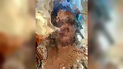 Media: A blurred, pixelated video of a person with dark skin, wearing a patterned shirt, against a textured background. The image is distorted and indistinct, possibly due to digital manipulation or poor quality.