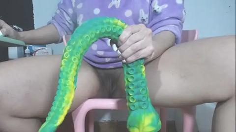 Media: Video of a person sitting on a pink chair, holding a green and yellow, large, tentacle-like toy, wearing a purple shirt with bunny patterns, and visible pubic hair.