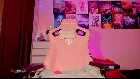 Media: A video of a pink gaming chair with a white skull emblem, in a room adorned with vibrant anime posters and purple fairy lights.