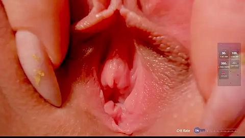 Media: Video of a close-up view of a vulva, showing the inner labia, clitoris, and vaginal opening, with a red background.