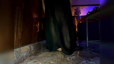 Media: A dimly lit video captures a person in a long, black, flowing dress standing on a cracked, stone floor, with a wooden wall and dim, purple lighting in the background.