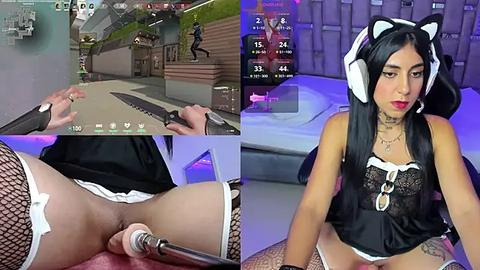 Media: A collage of four explicit images: a woman with black hair in a maid outfit, fishnet stockings, and a dildo, in a virtual reality setting.