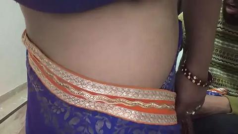 Media: A close-up video of a person in a blue sari with an orange border and intricate golden embroidery, standing indoors with a green-patterned wall in the background.