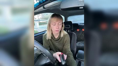 Media: A video of a young blonde woman in a dark green knitted sweater, sitting in a car, looking down at her phone.