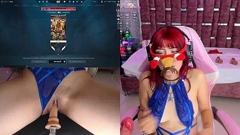 Media: Video of a young Asian woman with red hair and a duck beak mask, wearing a blue lace bra, sitting on a pink gaming chair in a bedroom, with a computer screen showing a video game scene.