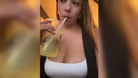 Media: A video of a fair-skinned woman with long brown hair, wearing a white tank top and black cardigan, drinking a yellow beverage through a straw. The background is blurred, suggesting an indoor setting with warm lighting.