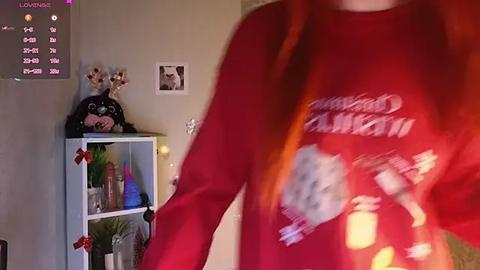 Media: Video of a red-clad person in motion, blurred, next to a Christmas-themed shelf with decorations and a cat, in a cozy room.