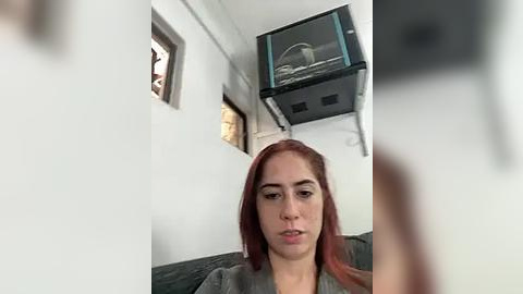 Media: Video of a young woman with fair skin and long, straight red hair, wearing a grey jacket, sitting indoors. Background features a small TV mounted on the wall, a window with a view of a snowy mountain, and a grey sofa.