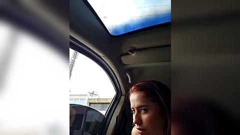 Media: Video of a woman with red hair, looking out of a car window, showing a partially blurred urban skyline.