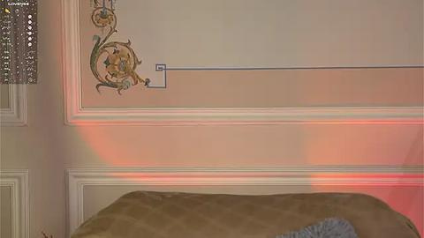 Media: Video of a beige wall with ornate, gold-colored, floral wallpaper border and a horizontal blue line. A bed with a brown, textured quilted blanket is partially visible at the bottom. Soft, ambient lighting creates a warm, cozy atmosphere.