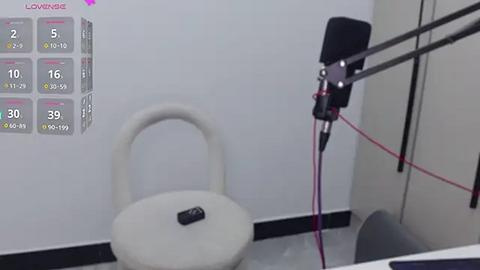 Media: A video of a minimalist, white-walled room with a black remote control on a curved, beige chair; a microphone on a boom arm is positioned centrally, with cables running to a sound mixer.