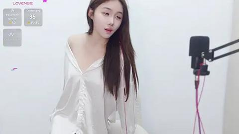 Media: Video of a young East Asian woman with long brown hair, wearing a white satin robe, seated in front of a microphone. Background is a white room with a digital screen displaying live streaming stats.