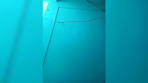 Media: Video of a minimalist, geometric interior space with bright teal walls and a single, thin, black electrical wire running diagonally from the upper left to the lower right. The clean lines and monochromatic color scheme evoke a modern, industrial aesthetic.