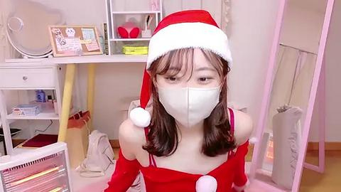 Media: A video of a young woman with light skin and shoulder-length brown hair, wearing a red Santa hat, white mask, and a revealing red velvet Santa costume. She kneels in a tidy, pink-themed room with white shelves, a mirror, and a chair.