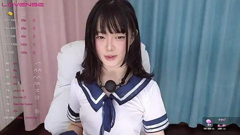 Media: Video of an Asian woman with straight black hair, wearing a white sailor school uniform, sitting in front of a pink and blue curtain background.