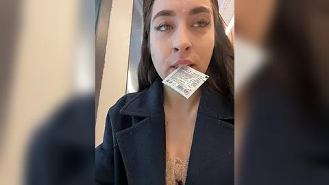 Media: Video of a young woman with long dark hair, wearing a dark coat and beige lace top, holding a condom package to her lips in a public elevator.