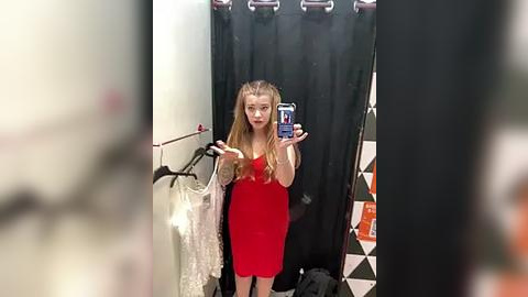 Media: Video of a young woman with long blonde hair in a tight red dress, taking a selfie in a fitting room with a black curtain, a black and white patterned wall, and hanging clothes in the background.