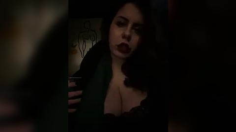 Media: A dimly lit video of a woman with dark hair and dark lipstick, wearing a green garment, taking a selfie in a dimly lit room with blurred background.