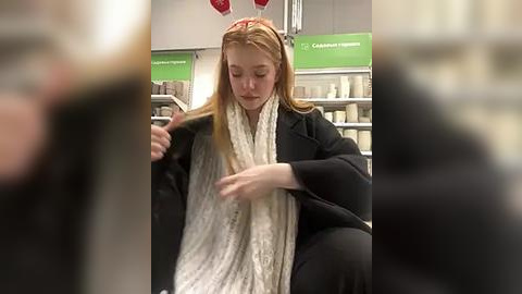 Media: A video of a young woman with fair skin and long blonde hair, wearing a black coat and a white scarf, adjusting her hair in a supermarket aisle with shelves of products.