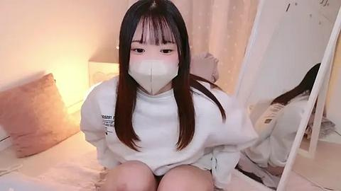 Media: Video of a young Asian woman with long black hair, wearing a white mask, white sweater, and light-colored pants, sitting on a bed in a softly lit room with a large mirror.