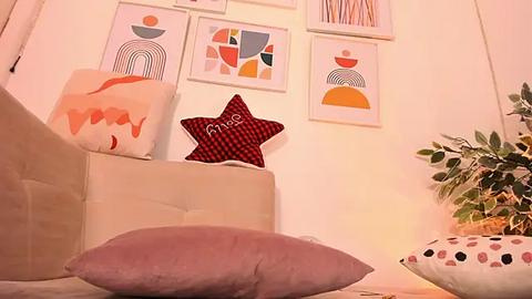 Media: Video of a cozy, minimalist bedroom with beige bedding, a large red star pillow, geometric wall art, and a potted plant on the right.