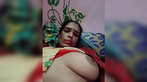 Media: A blurred video of an Indian woman lying on a bed, wearing a colorful saree with a red blouse, head resting on a pillow with green leaves.