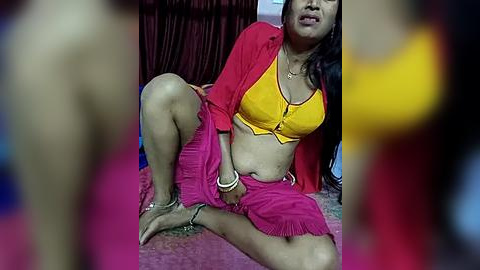 Media: Video of a South Asian woman in a red bra, yellow top, and pink skirt, sitting on a carpeted floor with legs spread, revealing her pubic area.