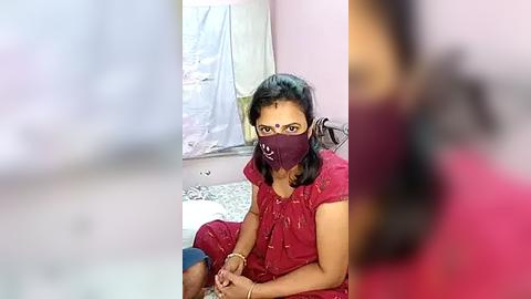 Media: Video of a South Asian woman with medium brown skin, dark hair, wearing a red saree, face mask, and glasses, sitting on a bed with a white sheet, in a dimly lit room.