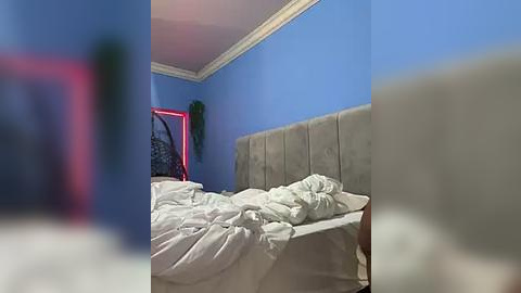 Media: Video of a bedroom with a messy bed, beige headboard, blue walls, and a red neon sign in the background.