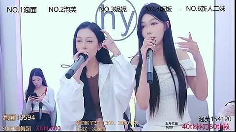 Media: Video of two Asian women in white jackets, singing into microphones at a concert, with a white background and Chinese text.