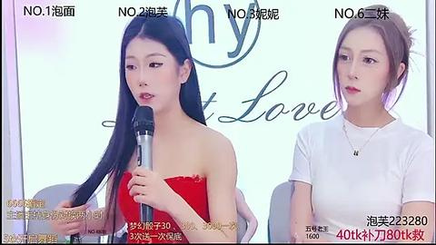 Media: Video of two East Asian women, one in a strapless red dress and the other in a white t-shirt, seated at a desk with a microphone, behind a screen displaying text in Chinese characters.