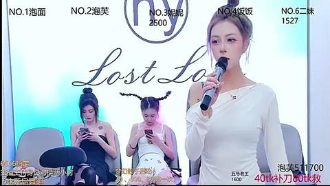 Media: Video of an Asian woman with brown hair in a bun, wearing a white top, holding a microphone, standing beside two other Asian women seated, all looking at smartphones.