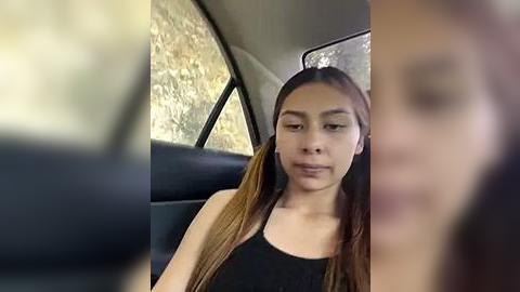 Media: Video of a young woman with long, straight, light brown hair, wearing a black tank top, sitting in a car with a stone wall background.