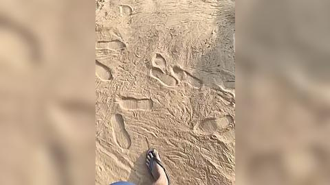 Media: A video of a sandy beach with footprints, captured from above. The footprints are clearly visible, leading towards the bottom right corner where a person stands barefoot in blue sandals. The sand is light beige, with a textured, slightly grainy surface.