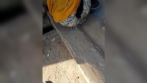 Media: Video of a person wearing a bright yellow saree and a floral-printed blouse, sitting on a concrete surface. The person's legs are crossed, and a thin stream of water is being poured onto the concrete.